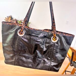 Brighton Patent Leather Leopard Trim Black Tote Bag